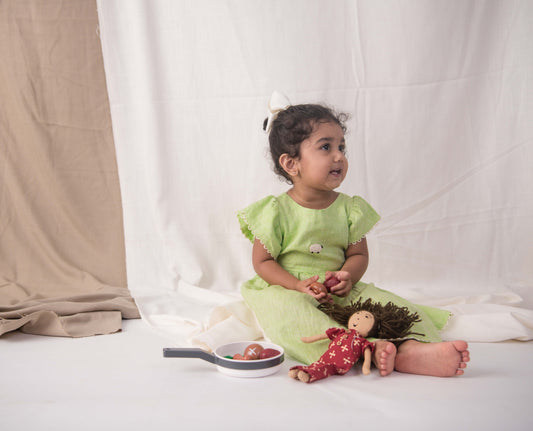 Green sheep linen junior frock