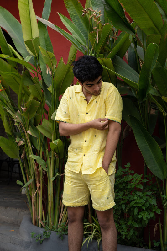 Green sun yellow linen shorts