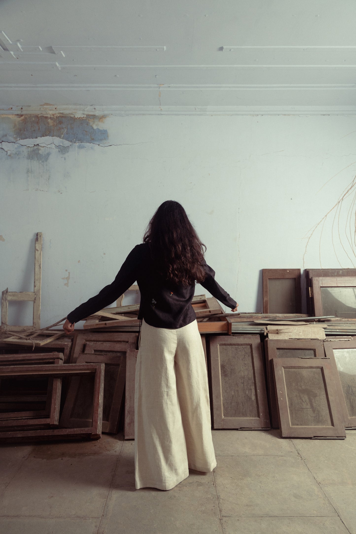 Back view of Japanese Samue-inspired linen wrap top