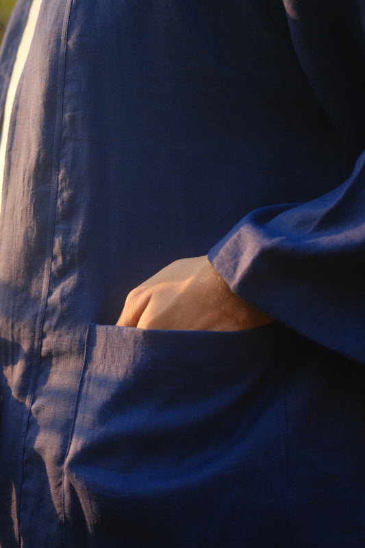 Pocket detail of Navy Japanese Samue inspired linen overshirt