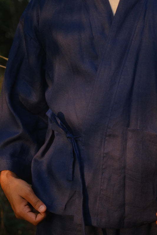 Close up of the Navy Blue Japanese Samue-Inspired Linen Overshirt
