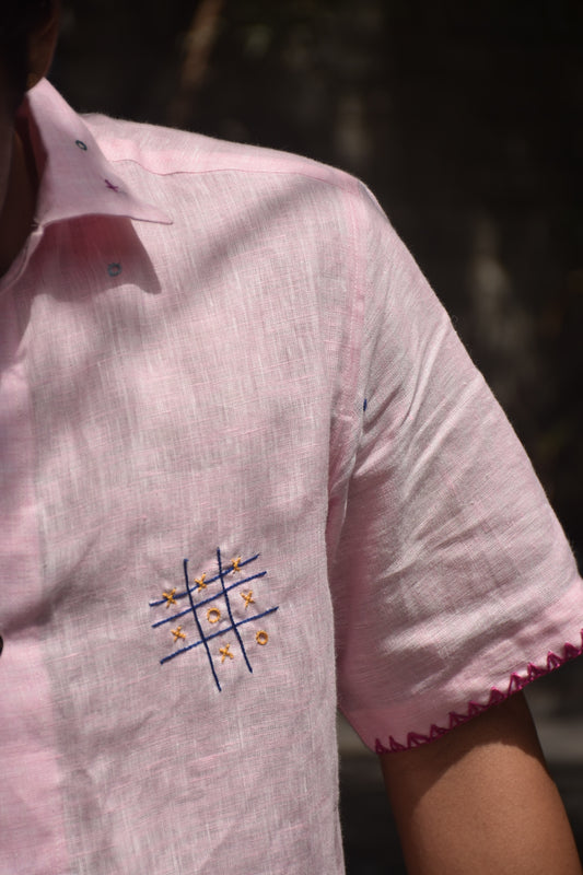 Tic tac toe pink linen shirt