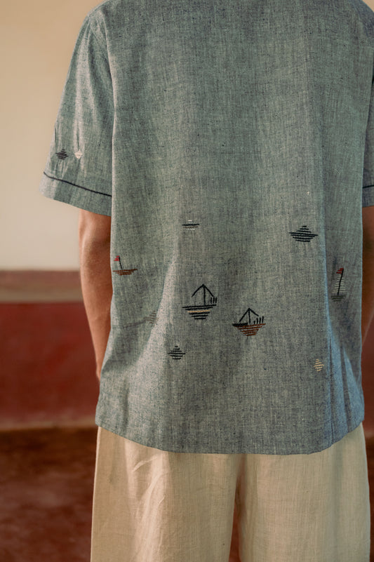 Blue Boats and Ships hand-woven cotton shirt
