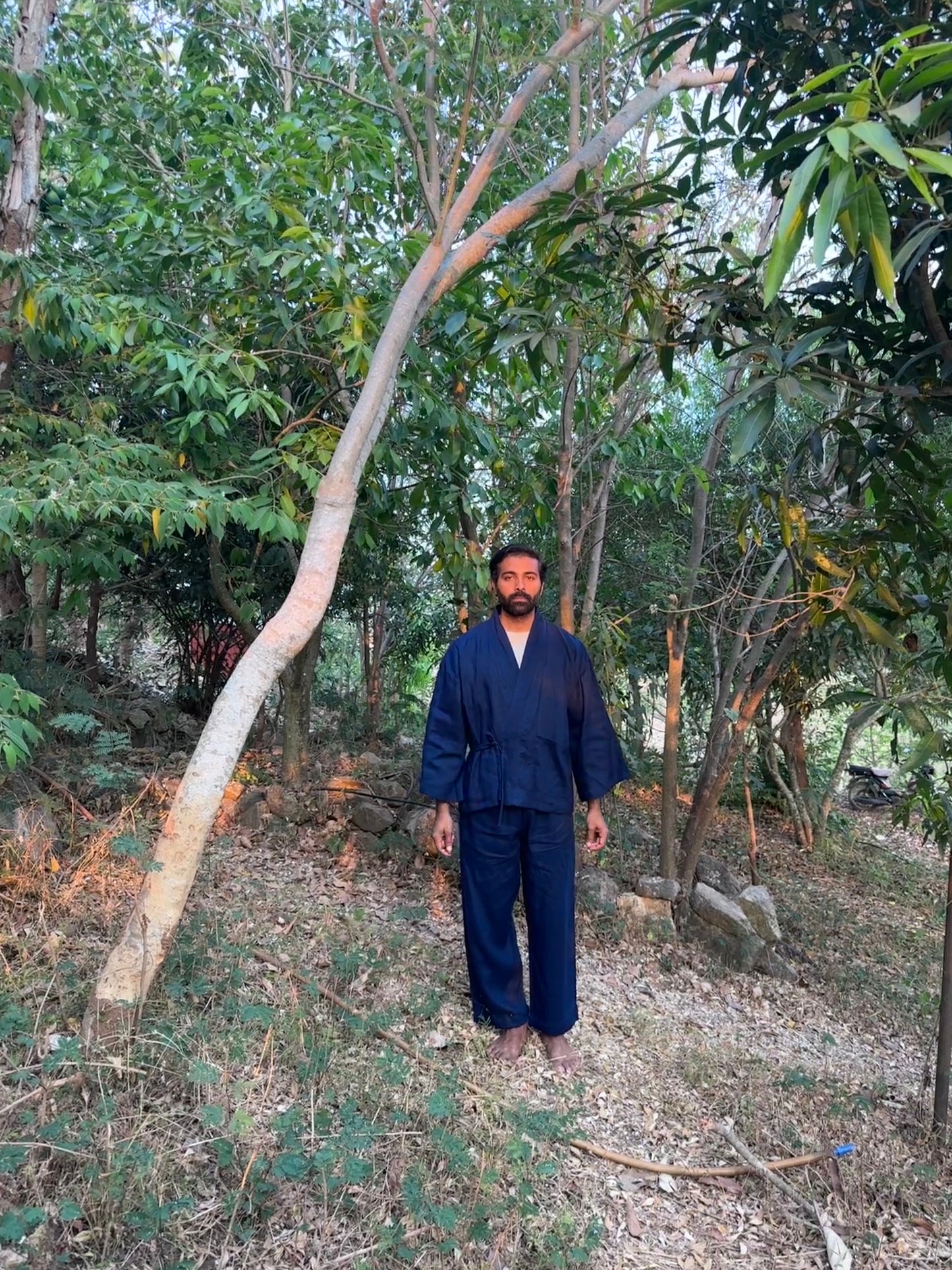 Harsh wearing the Navy Japanese Samue inspired linen overshirt and pants set