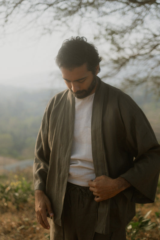 Front view of the Olive Green Japanese Samue-Inspired Linen Overshirt