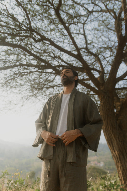 Front view of the Olive Green Japanese Samue-Inspired Linen Overshirt and Pants set
