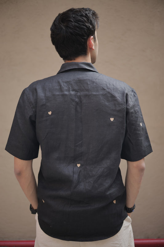 Hearts in black linen shirt