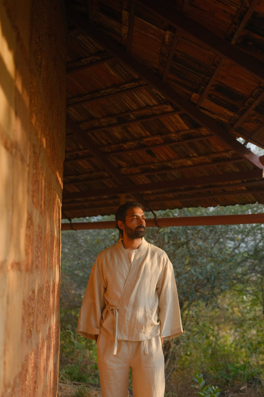 Harsh is wearing off-white Japanese Samue inspired linen overshirt