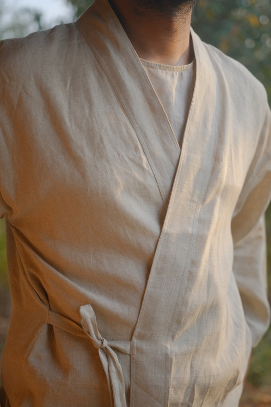 Close up of the Off-white Japanese Samue-Inspired Linen Overshirt