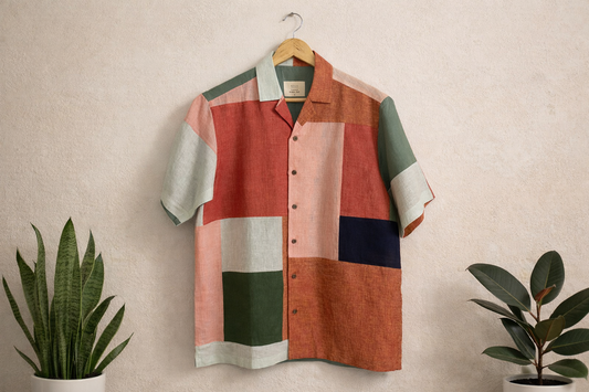 Patchwork linen shirt displayed against a white wall