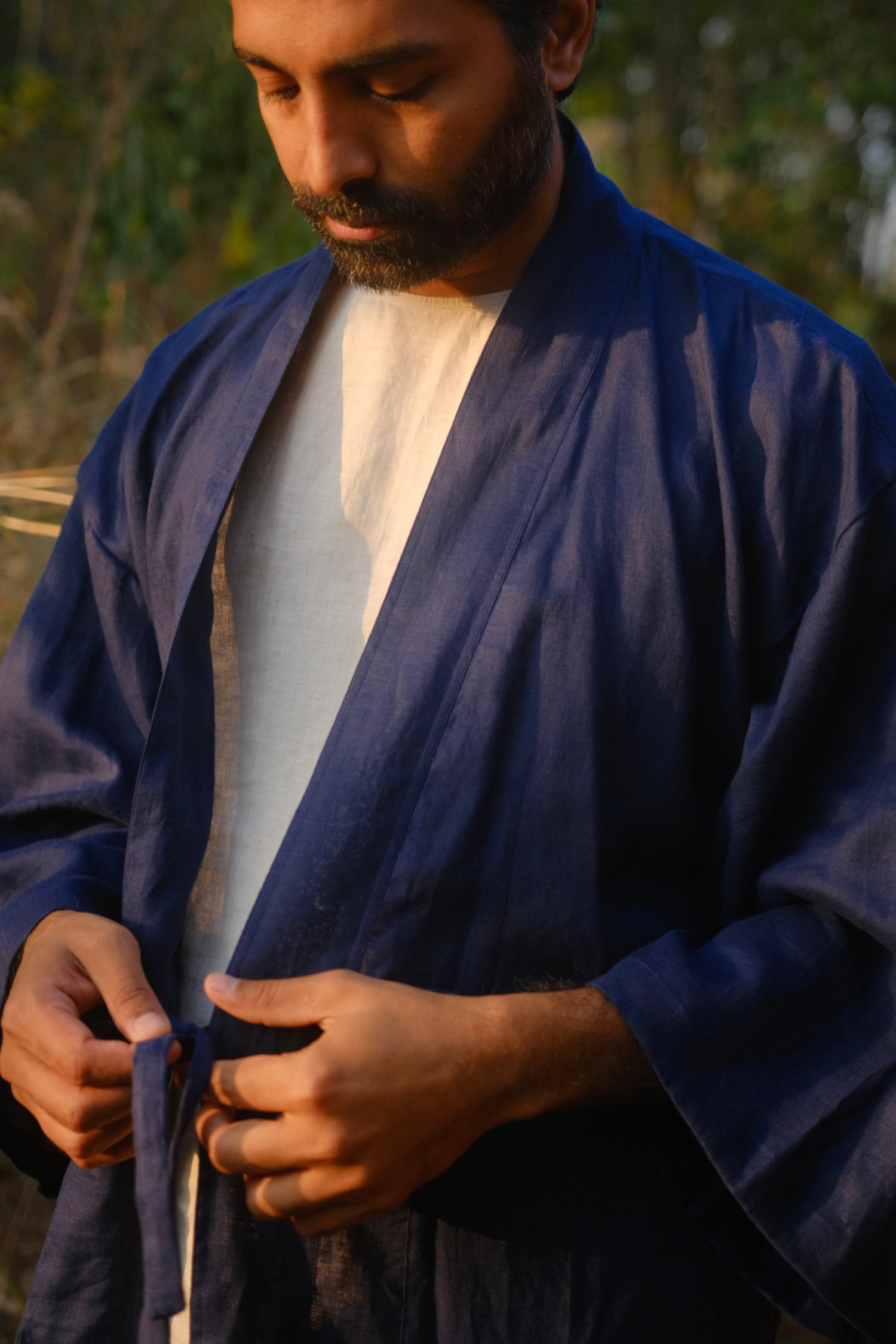 Close up of Navy Japanese Samue inspired linen overshirt 