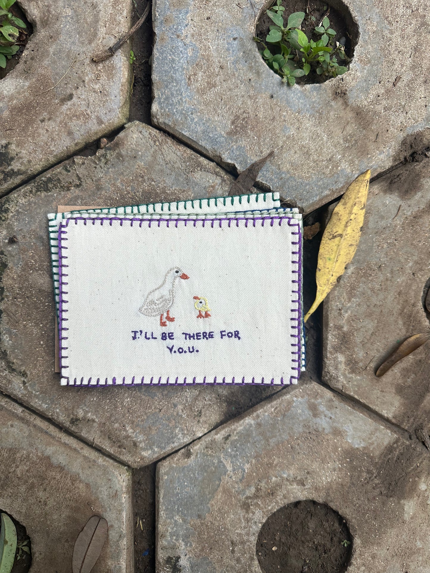 The One With the Chick and the Duck Hand-Embroidered postcard