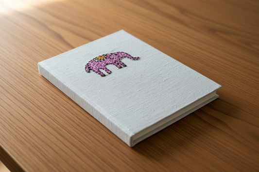 White diary with a pink elephant embroidered on it placed against a wooden background.