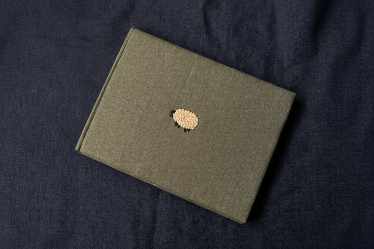 Olive green sheep sketchbook displayed against dark background