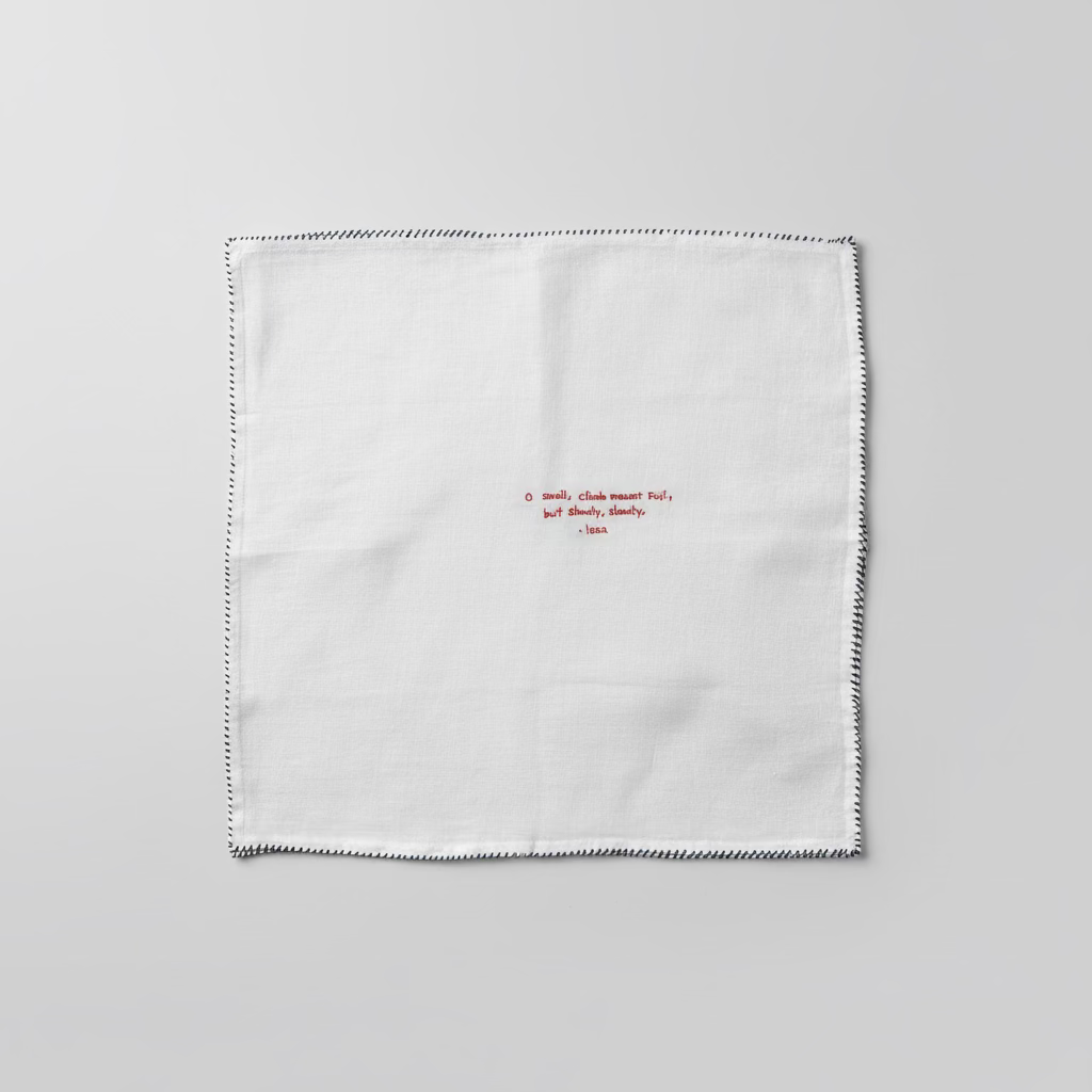 White fabric square with red text on a dark background