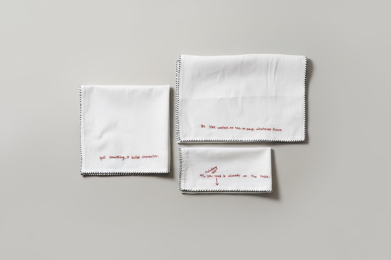 Three white napkins with red embroidered text 